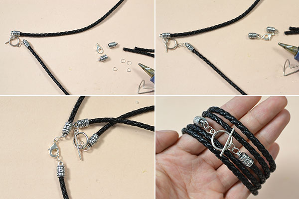 Multi Strand Black Leather Cord Bracelet with Silver Beads