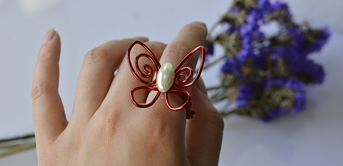 Handmade Wire Wrapped Butterfly Ring with Pearl Bead - Carol's